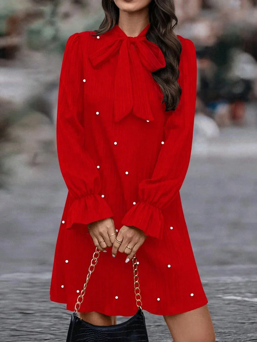 Damen Elegantes Minikleid mit Schleifenkragen und Rüschen Drune