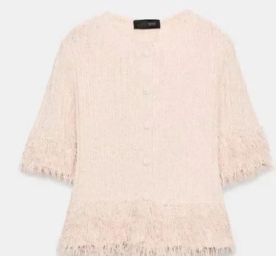 Damen Kurzarm Bouclé‑Cardigan mit Strukturstrick, Fransenbesatz und bezogenen Knöpfen Drune