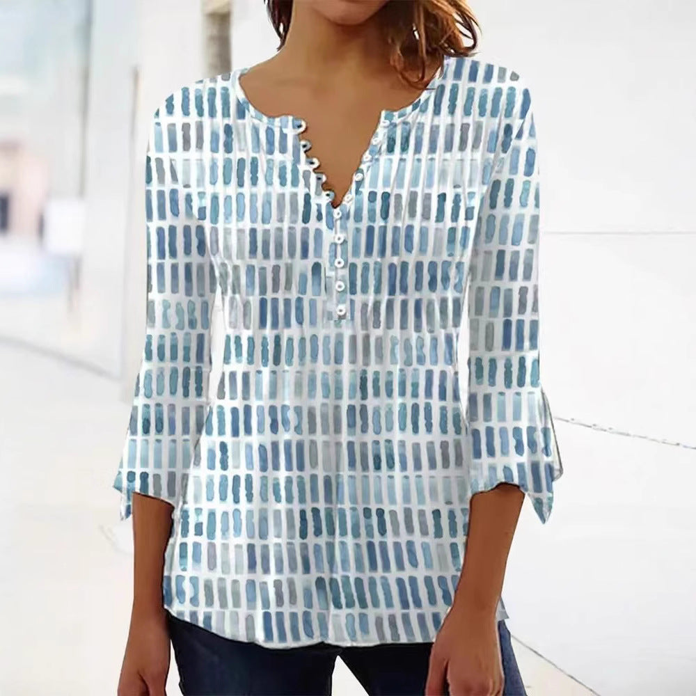 Damen nan luftig leichtes Aquarell-Print Blusenshirt mit Henley-Knopfleiste und dreiviertel Glockenärmeln Drune