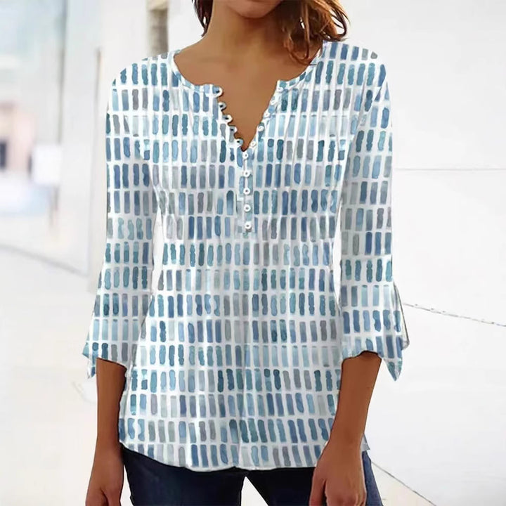 Damen nan luftig leichtes Aquarell-Print Blusenshirt mit Henley-Knopfleiste und dreiviertel Glockenärmeln Drune