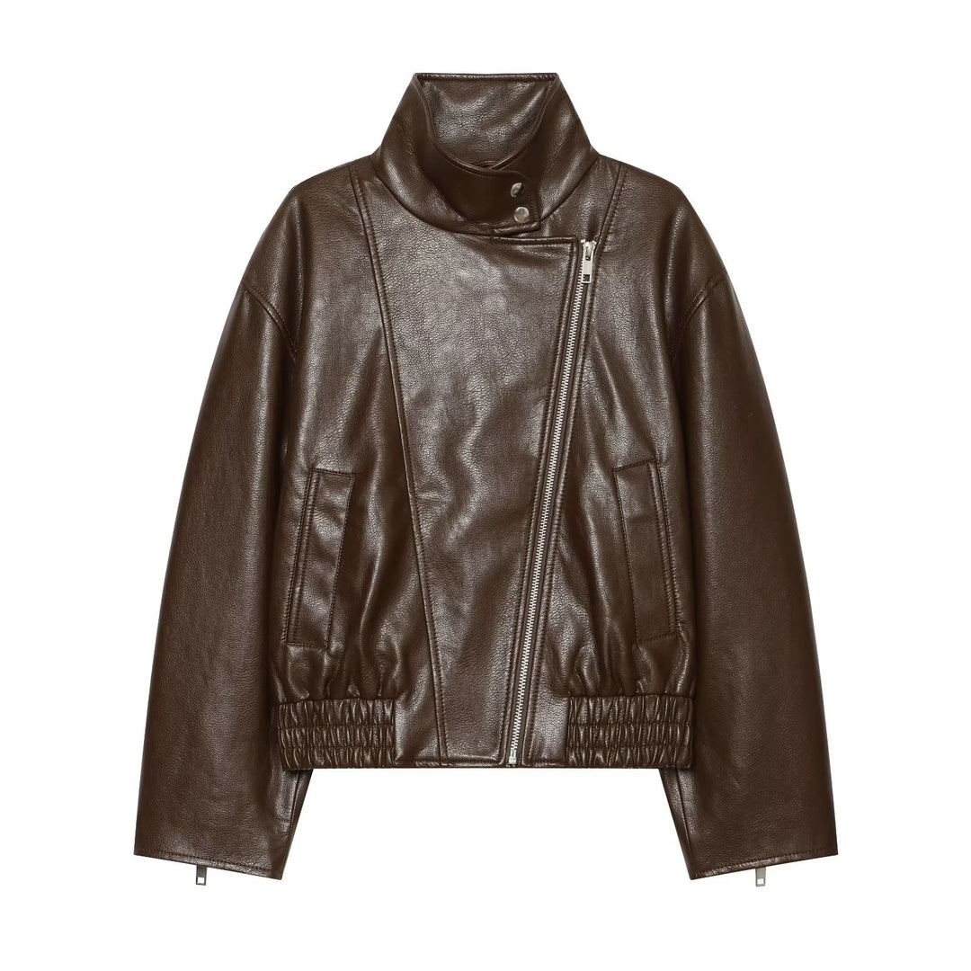 Damen Kurze Kunstleder-Bikerjacke mit Stehkragen, asymmetrischem Reißverschluss und elastischem Saum Drune