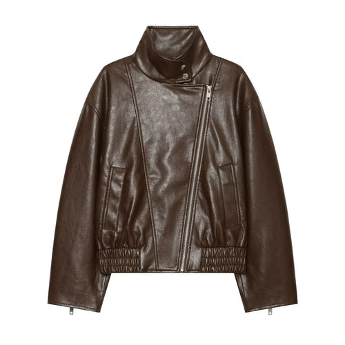 Damen Kurze Kunstleder-Bikerjacke mit Stehkragen, asymmetrischem Reißverschluss und elastischem Saum Drune