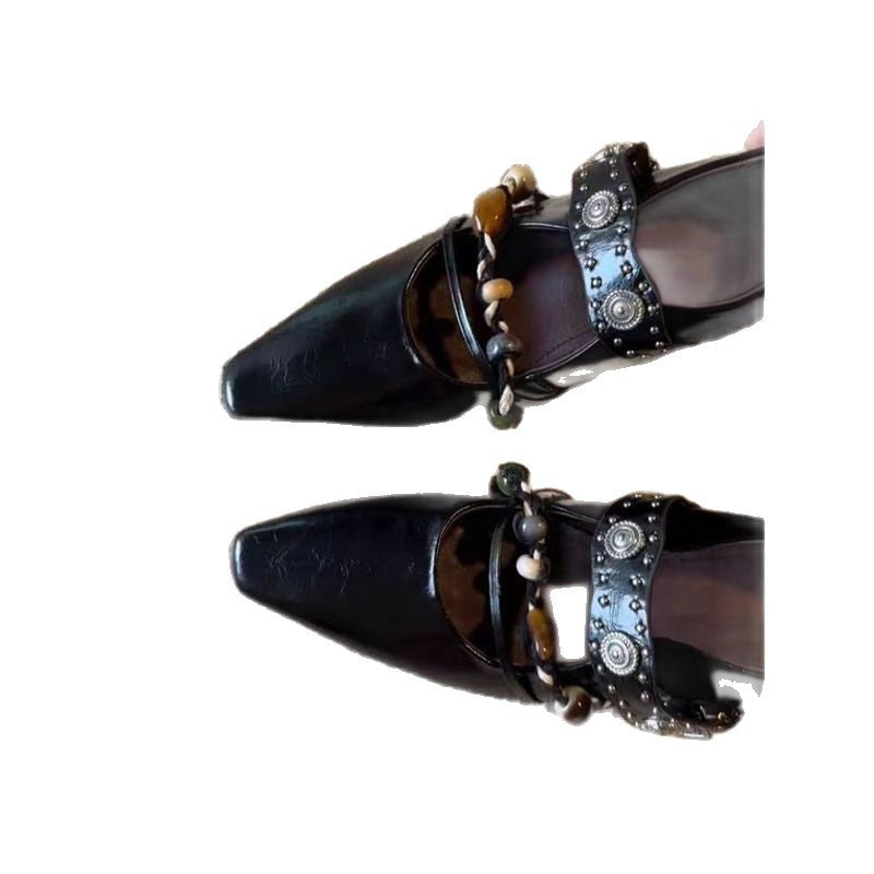 Damen elegante quadratische Mules mit niedrigem Blockabsatz, Zierriemen und Perlenapplikation Drune