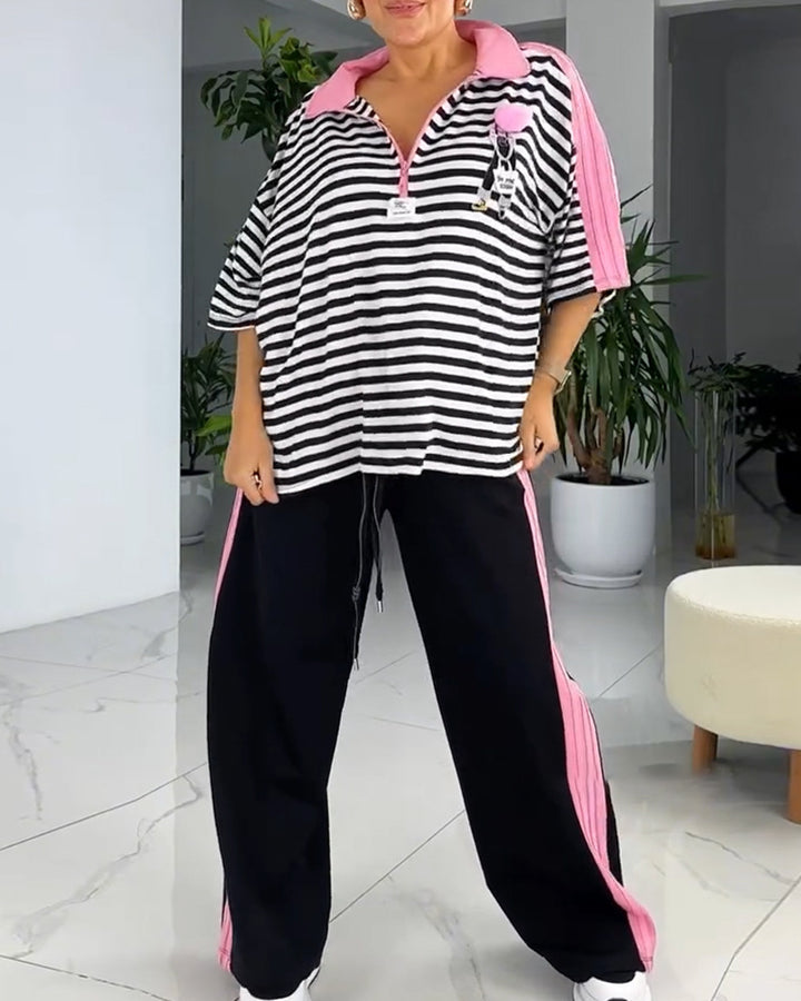 Damen nan lässiges zweiteiliges Polo-Lounge-Set mit Oversize-Streifen, Pompom-Applikation und kontrastierenden Seitenbahnen Drune