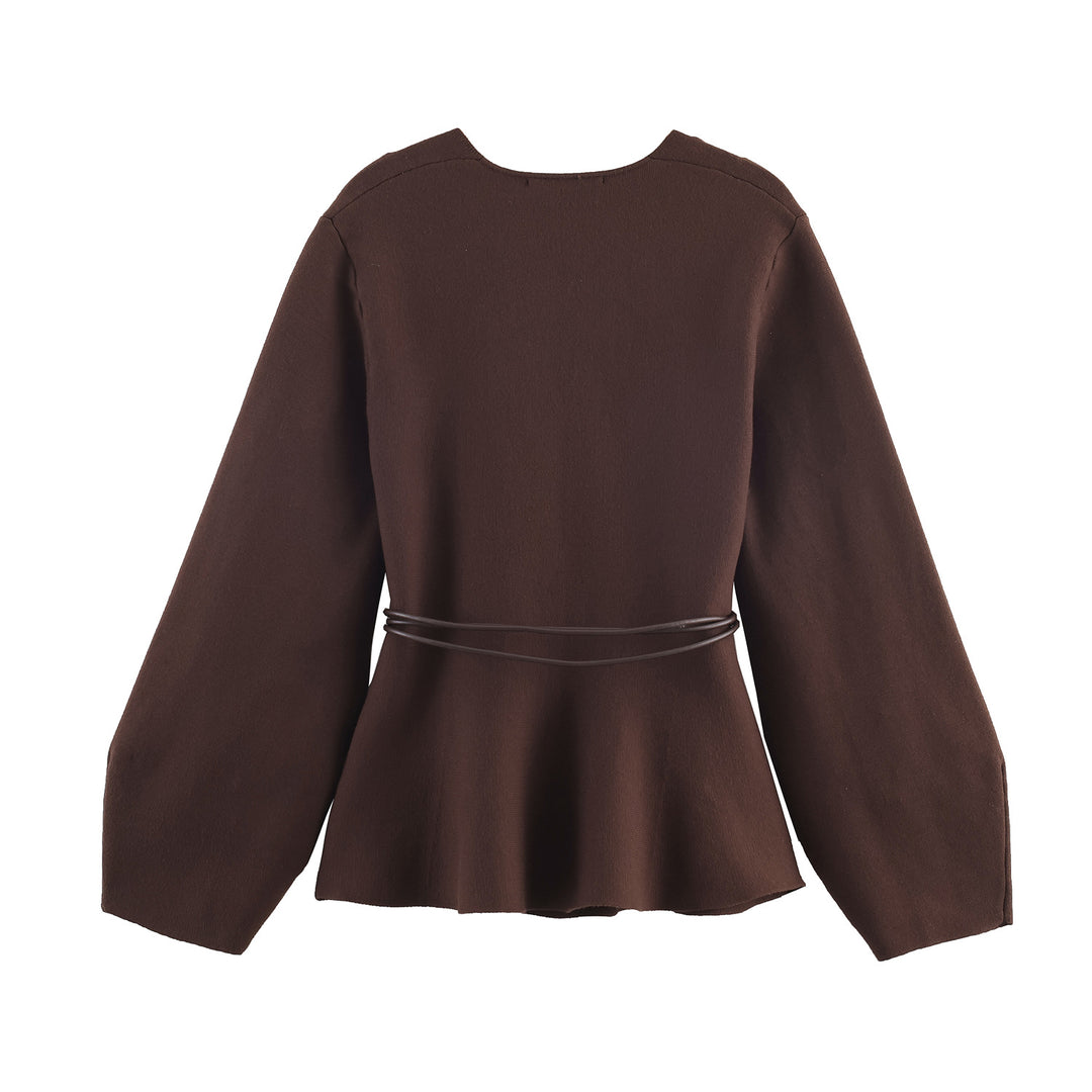 Damen 100+ Wickelcardigan mit Taillengürtel, Ballonärmeln und ausgestelltem Saum Drune