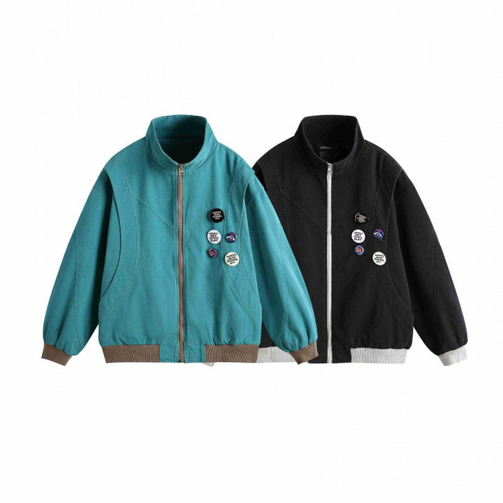 Unisex Boxige leichte Bomberjacke mit Stehkragen, Frontreißverschluss und Badge‑Applikationen Drune