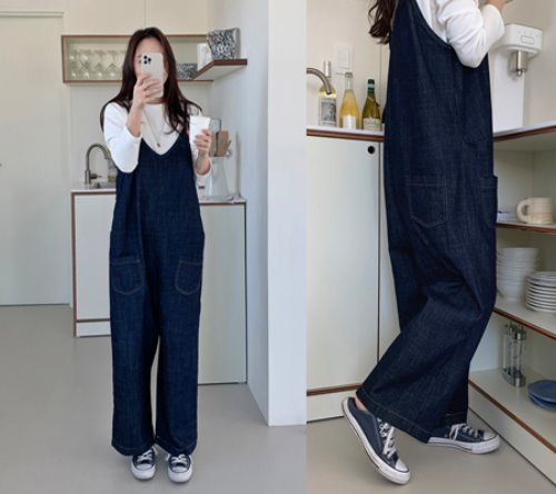 Damen Oversized Denim-Latzhose mit weitem Bein und Eingrifftaschen Drune