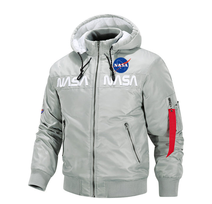Herren  glänzende Luft- und Raumfahrt Emblem Kapuzenjacke mit Reißverschluss vorne Bomberjacke Drune