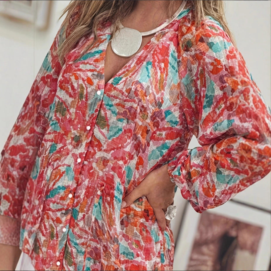 Damen Maxikleid mit buntem Floralprint und leichtem V-Ausschnitt Drune