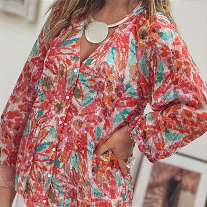 Damen Maxikleid mit buntem Floralprint und leichtem V-Ausschnitt Drune