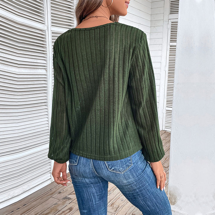 Damen Geripptes V-Ausschnitt Langarmshirt mit Twist-Knoten und Zierknöpfen Drune