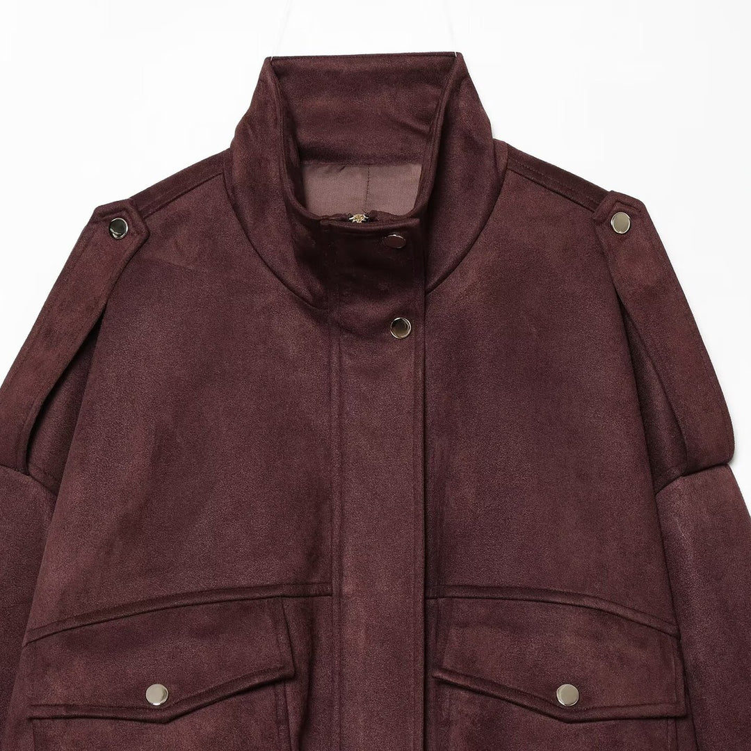 Damen Kurze Boxy-Jacke in Wildlederoptik mit Funnelkragen und Pattentaschen Drune