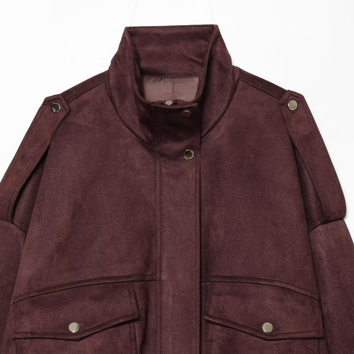 Damen Kurze Boxy-Jacke in Wildlederoptik mit Funnelkragen und Pattentaschen Drune