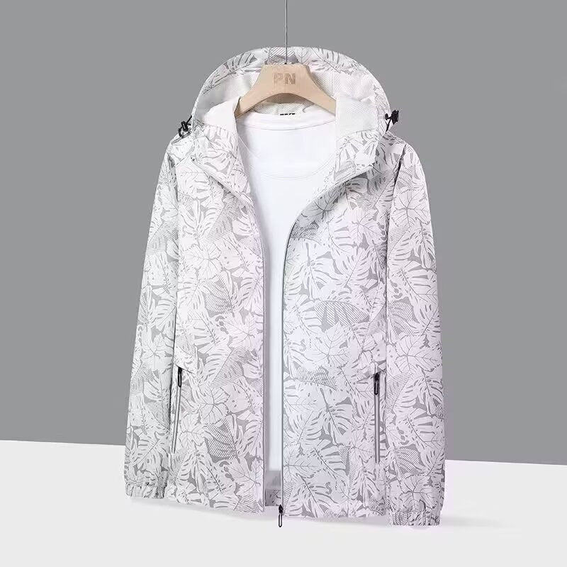 Damen Atmungsaktive Kapuzenjacke mit Trendigem Blätterdruck Drune