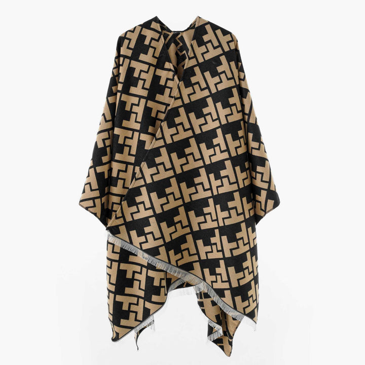 Damen Oversize Jacquard-Capeponcho aus Wollmix mit geometrischem Muster und Fransen Drune