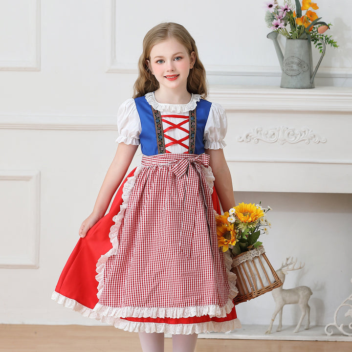 Damen nan traditionelles Kinder-Dirndl Kleid mit geraffter Schürze und Spitzenbesatz Drune