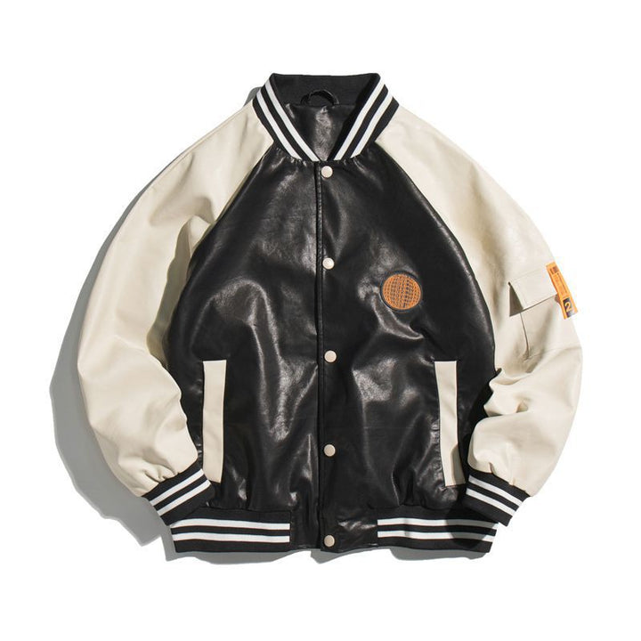 Herren College-Bomberjacke im Varsity-Stil aus Kunstleder mit Kontrastärmeln und Rippbündchen Drune