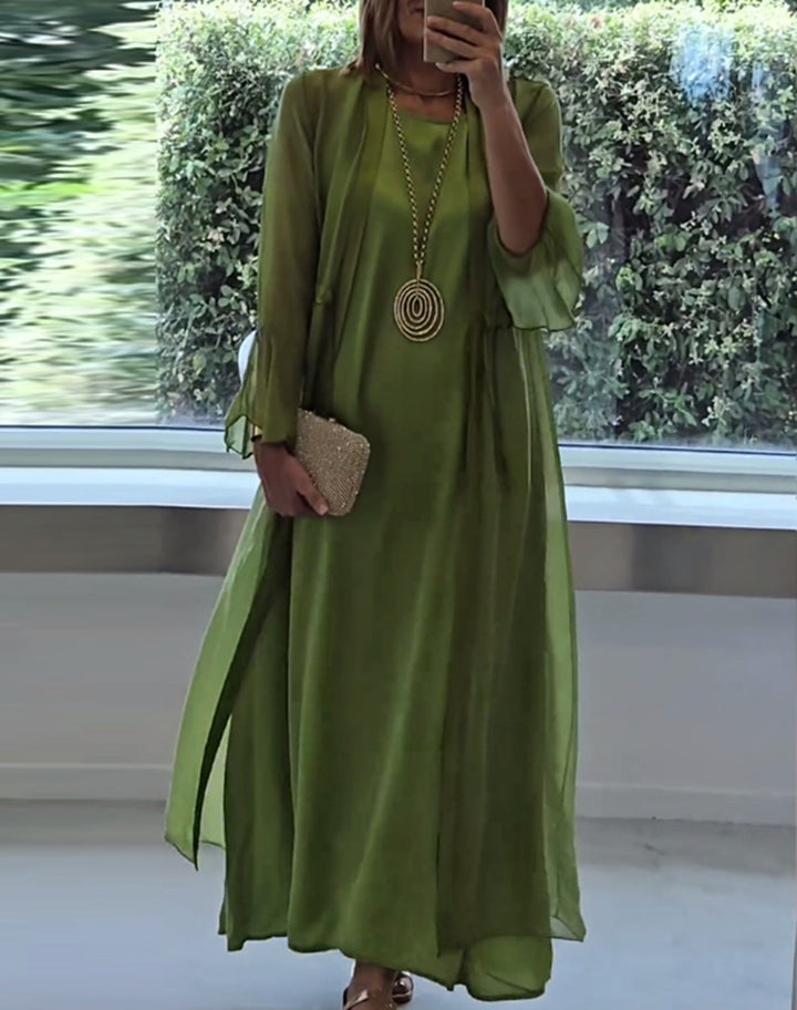 Damen nan elegante Lagen-Abendrobe mit gefüttertem Innenkleid, transparentem Chiffon-Überwurf und taillenverstellbaren Bändern Drune