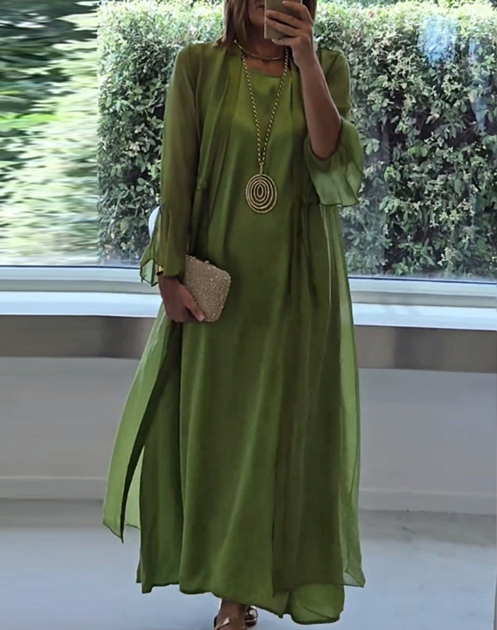 Damen nan elegante Lagen-Abendrobe mit gefüttertem Innenkleid, transparentem Chiffon-Überwurf und taillenverstellbaren Bändern Drune