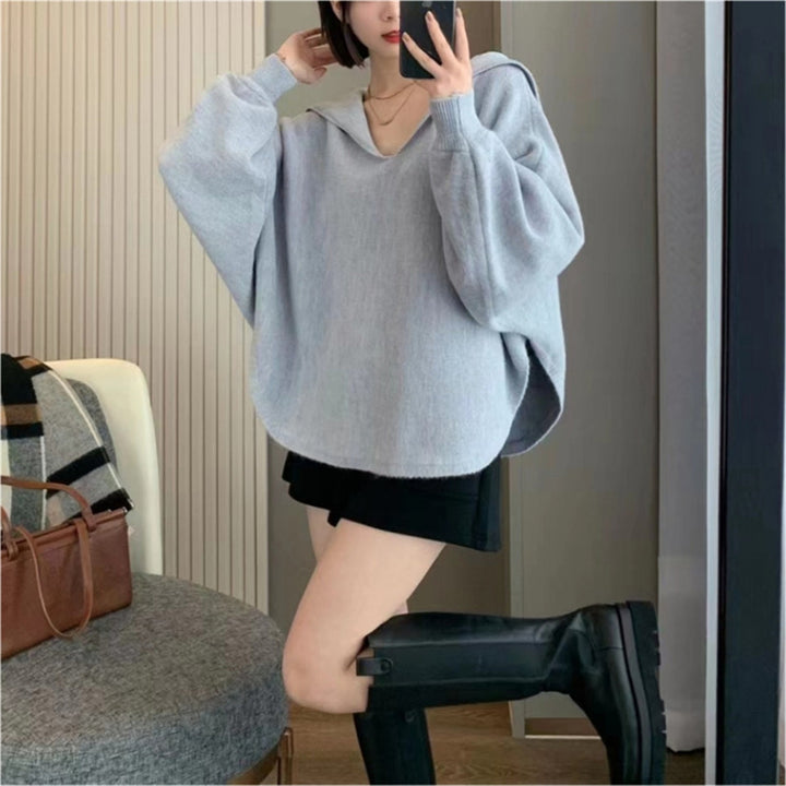 Damen Oversized Strickpullover mit lässigem V-Ausschnitt und Kapuze Drune