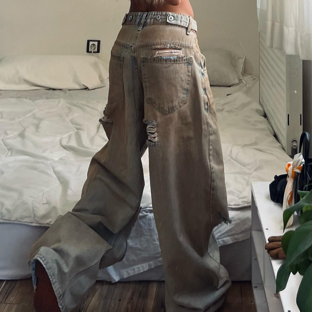 Damen Baggy Jeans mit ausgefranstem Saum und used Look Drune