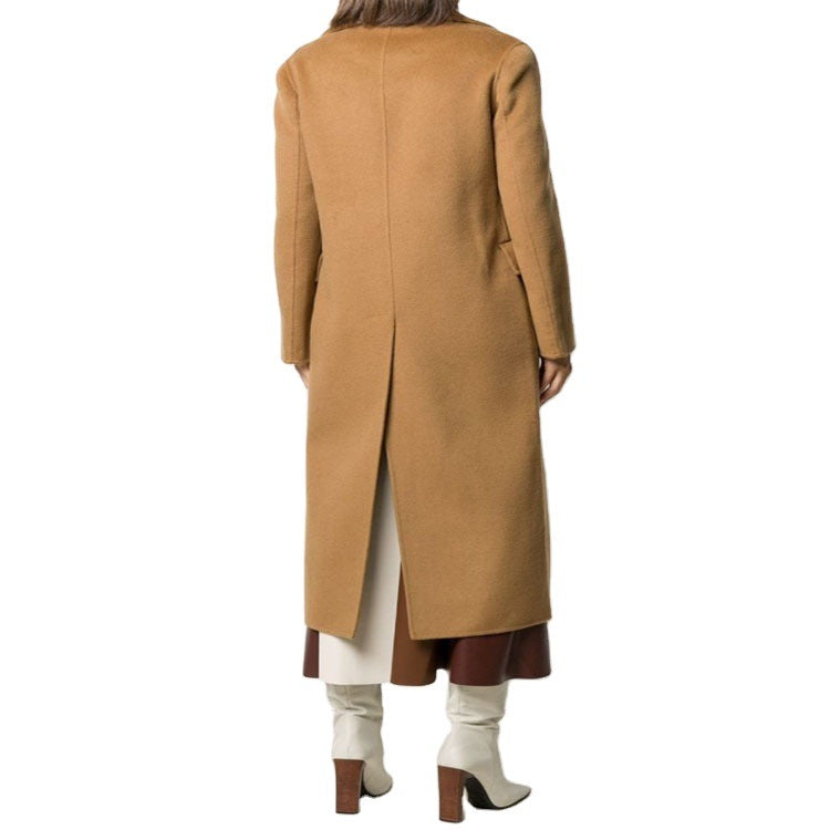 Damen Bodenlanger Zweireihiger Wollmix-Longcoat mit dezentem Gehschlitz und breitem Schalkragen Drune