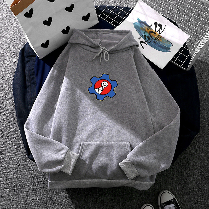 Damen nan oversized Fleece-Kapuzenpullover mit weicher Innenseite, Kängurutasche und appliziertem Zahnrad-Comic-Motiv Drune