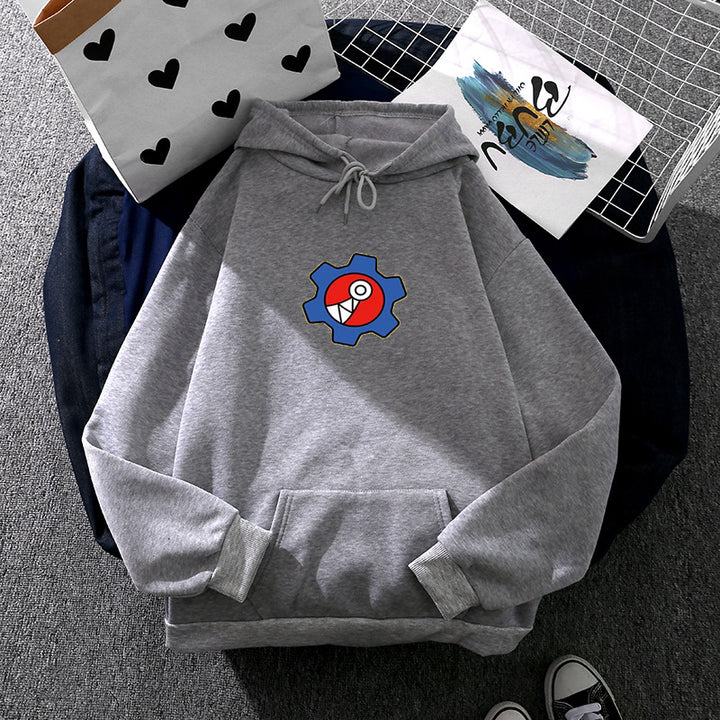 Damen nan oversized Fleece-Kapuzenpullover mit weicher Innenseite, Kängurutasche und appliziertem Zahnrad-Comic-Motiv Drune