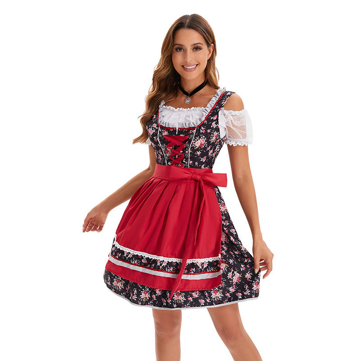 Damen nan kurzes traditionelles Dirndl mit Schnürkorset, Carmenärmelbluse und dekorativer Schürze Drune