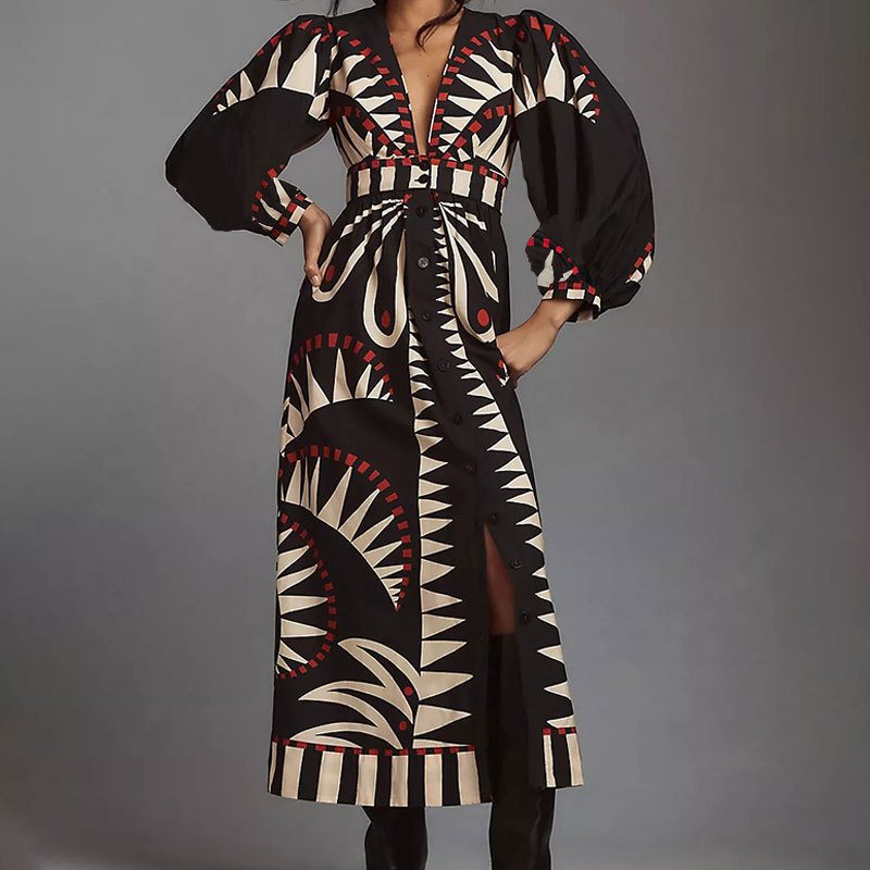 Damen Maxikleid mit ausgefallenem geometrischem Muster und eleganter Knopfleiste Drune