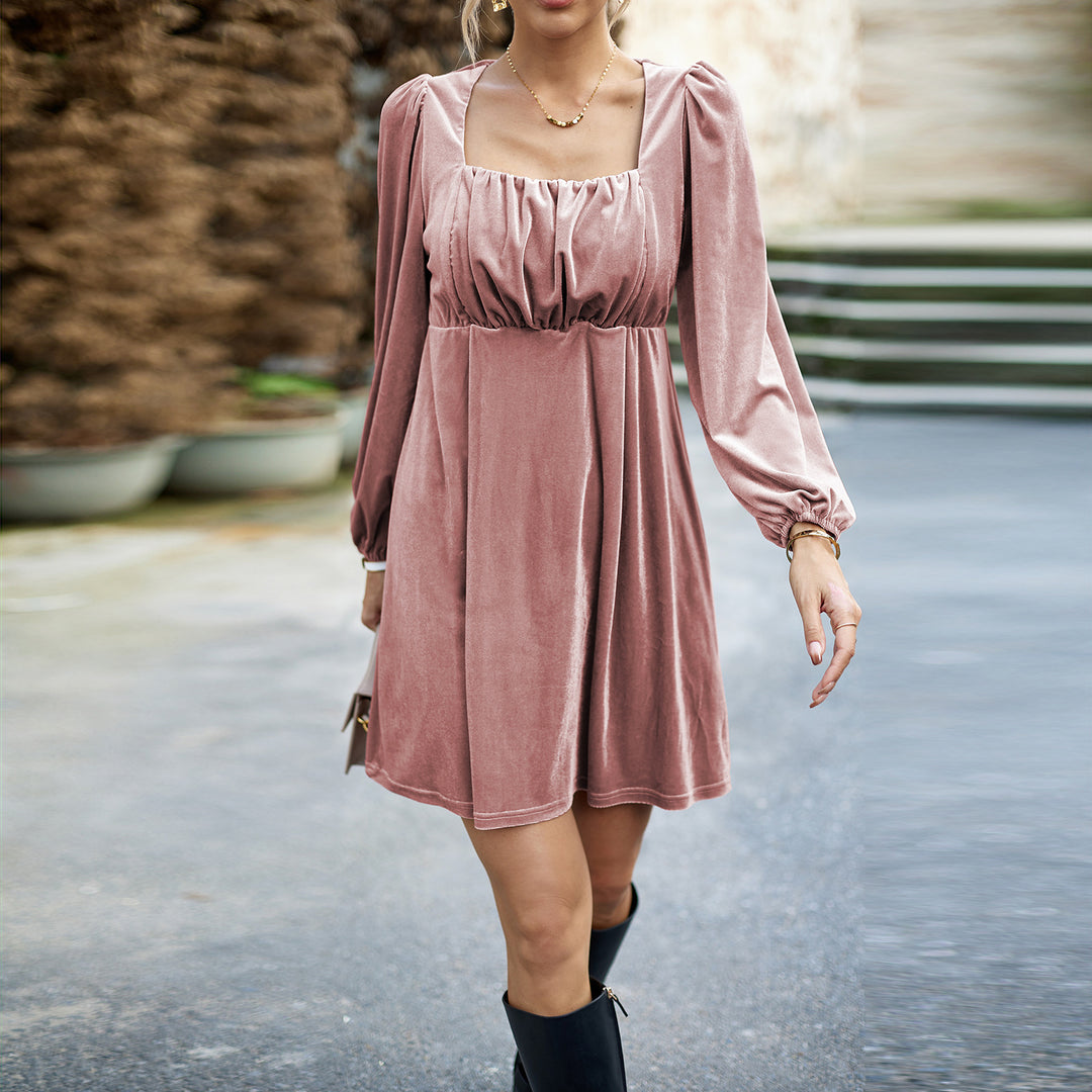 Damen nan Samt-Kurzkleid mit quadratischem Ausschnitt, Empire-Taille und Ballonärmeln Drune