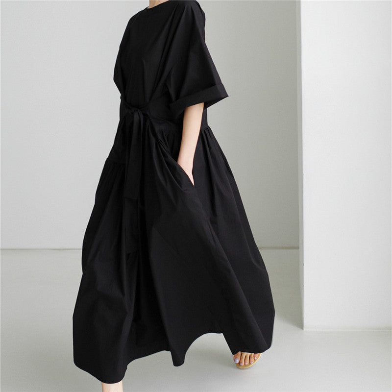 Damen Langes Baumwoll-Maxikleid mit Wickelgürtel und Eingrifftaschen Drune