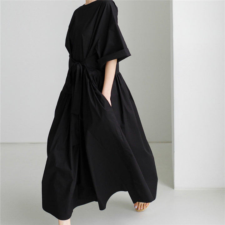 Damen Langes Baumwoll-Maxikleid mit Wickelgürtel und Eingrifftaschen Drune