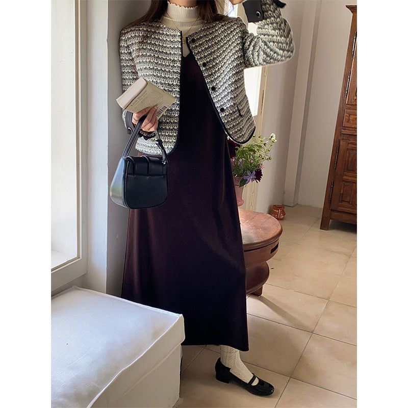 Damen modische Jacke im Tweed-Look mit Rundhalsausschnitt Drune