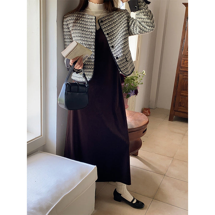 Damen modische Jacke im Tweed-Look mit Rundhalsausschnitt Drune
