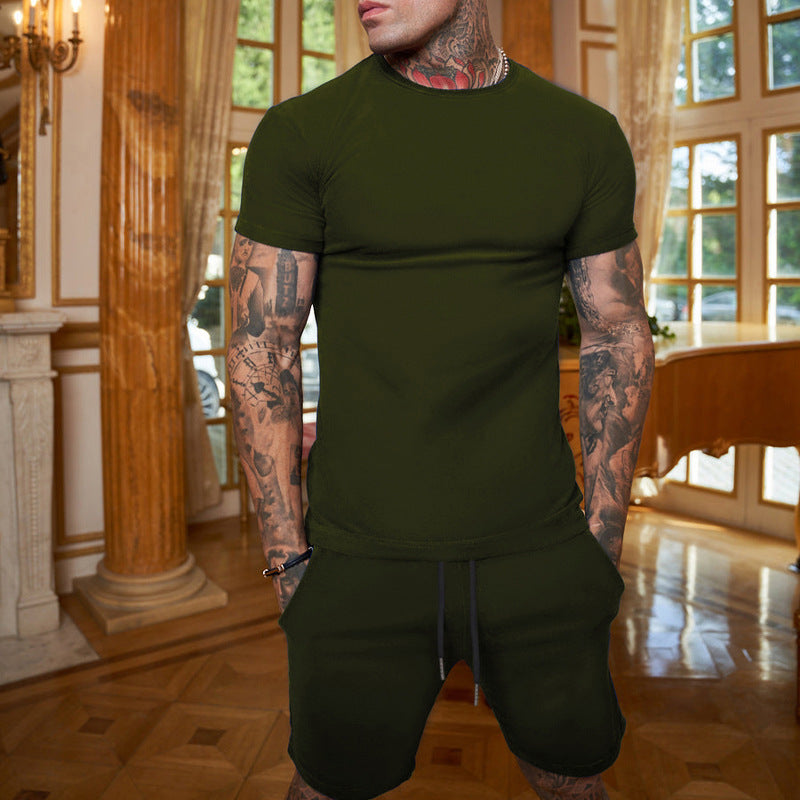 Herren nan schlankes Jersey-Set mit Rundhalsshirt und elastischer Tunnelzug-Shorts Drune