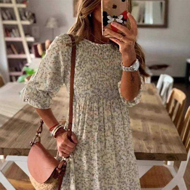 Damen nan lockerfallendes Babydoll-Midikleid mit geraffter Unterbrust, überschnittenen Dreiviertelärmeln und feinem Blumenprint Drune