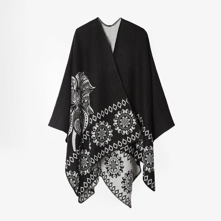 Damen Reversibler Muster-Capeponcho aus Wollmix mit floralen Medaillon-Details Drune