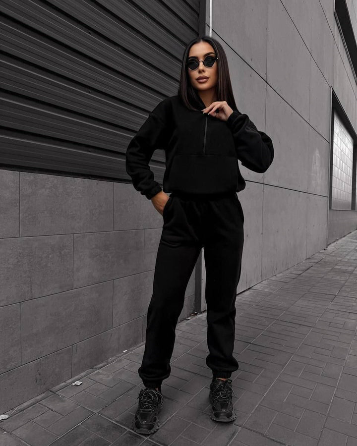 Damen sportliches Fleece-Set mit halbhohem Reißverschluss Kapuzenhoodie und lässiger Jogginghose Drune
