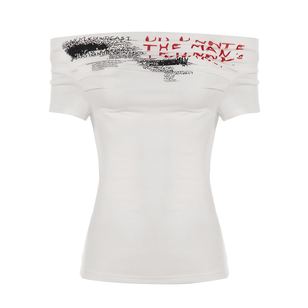 Damen Off-Shoulder T-Shirt mit künstlerischem Druck und figurbetontem Schnitt Drune
