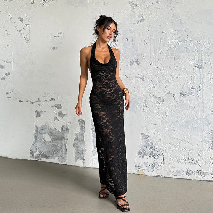 Damen Elegantes Spitzen-Maxikleid mit tiefem V-Ausschnitt und figurformendem Design Drune