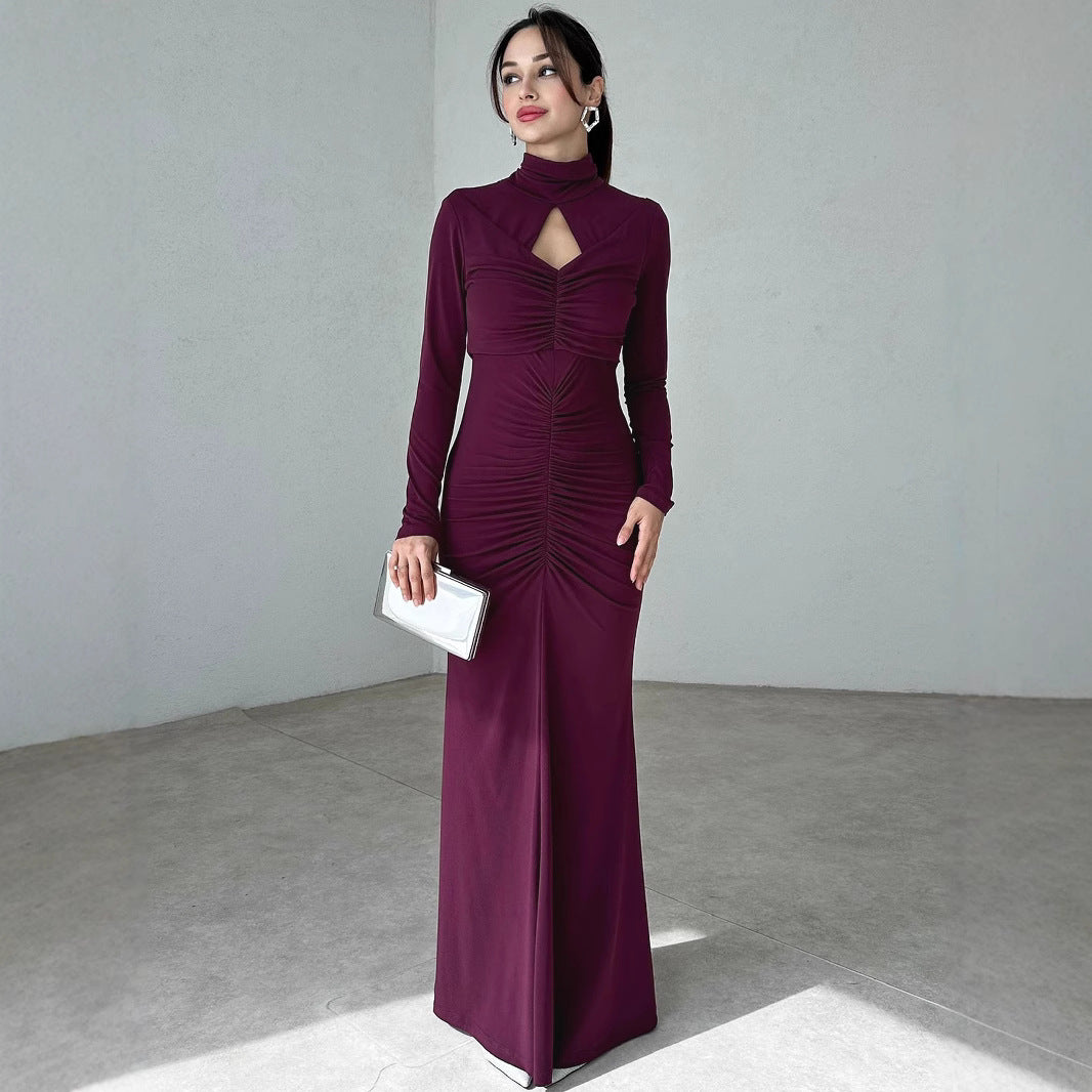 Damen Elegantes Maxikleid mit hochgeschlossenem Design und raffinierten Raffungselementen Drune