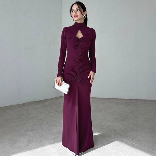 Damen Elegantes Maxikleid mit hochgeschlossenem Design und raffinierten Raffungselementen Drune