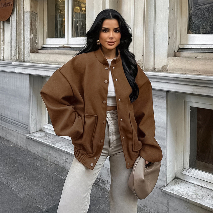 Damen Oversized Fleece-Jacke mit Druckknopfverschluss und seitlichen Taschen Drune