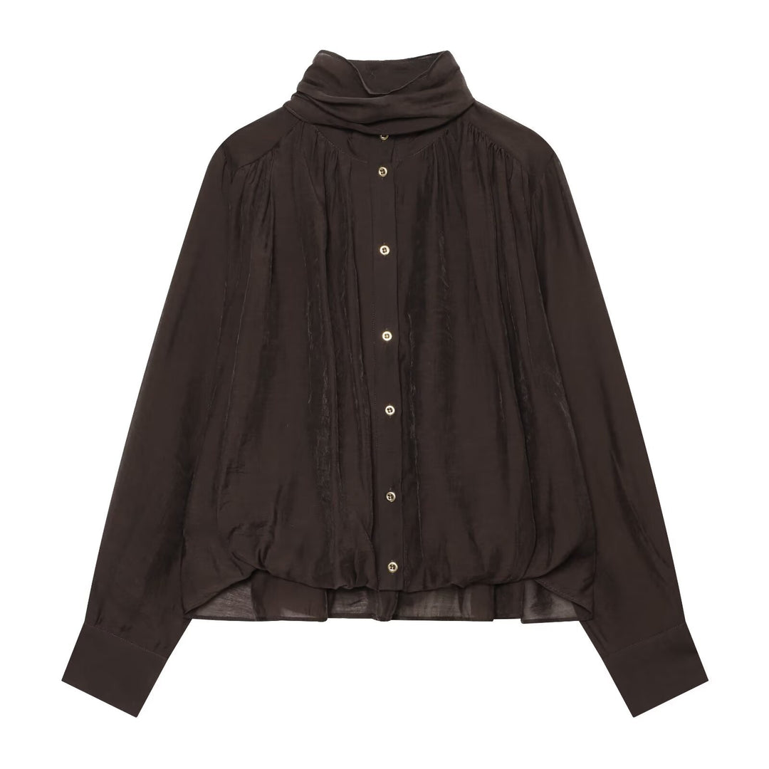 Damen Transparente Bluse mit drapiertem Schlauchkragen, Knopfleiste und Ballonärmeln Drune