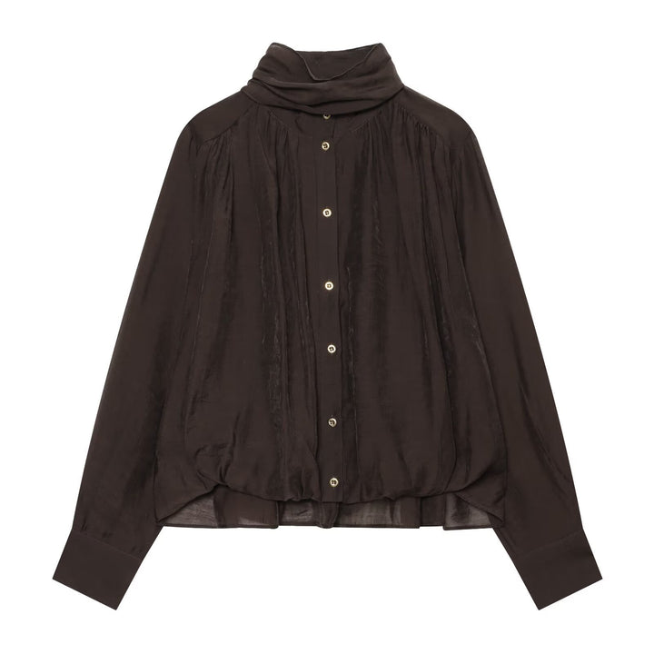 Damen Transparente Bluse mit drapiertem Schlauchkragen, Knopfleiste und Ballonärmeln Drune
