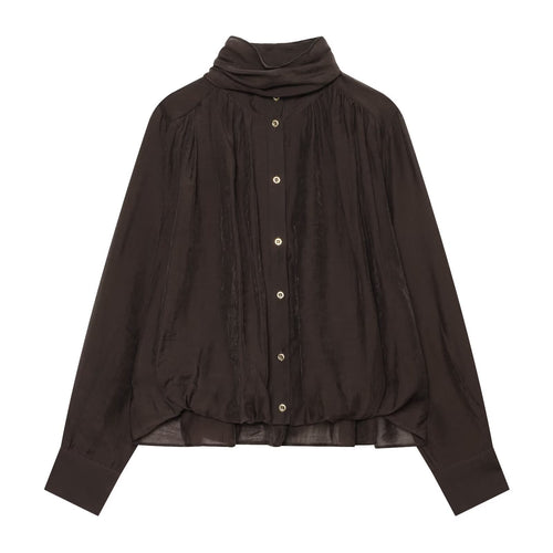Damen Transparente Bluse mit drapiertem Schlauchkragen, Knopfleiste und Ballonärmeln Drune