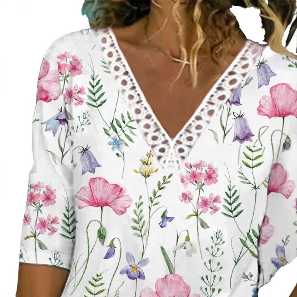 Damenbluse mit V-Ausschnitt und Spitzenbesatz, 3/4-Ärmel, Blumenmuster und lockerer Schnitt Drune