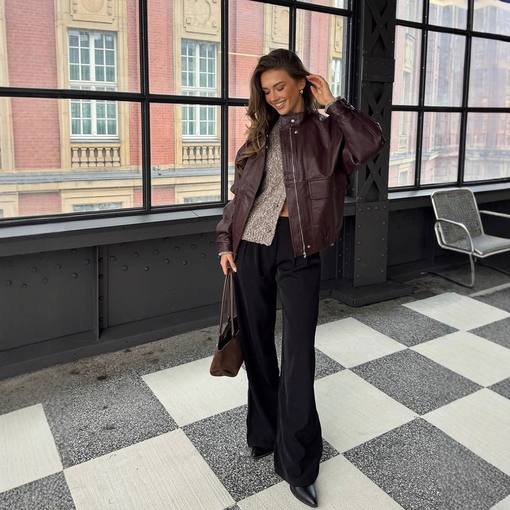 Damen Oversize Lederimitat-Blouson mit Sherpa-Futter, praktischen Pattentaschen & Zweiwege-Reißverschluss Drune