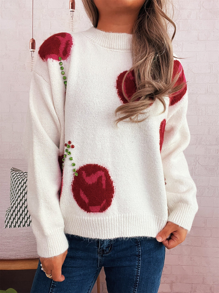 Damen kuscheliger Strickpullover mit floralen Applikationen und funkelnden Akzenten Drune